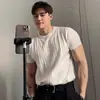 Camiseta de Punto Transpirable de Seda de Hielo Gris de Manga Corta para Hombre Verano Delgada Moderna Marca de Alta Gama Rayas Verticales Ajustada Media Manga
