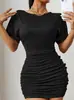 Vestido Curto de Manga Curta Plissado para Mulheres 2024 Verão Novo Estilo Coreano Afunilado na Cintura Emagrecedor Elegante Bodycon Hot Girl