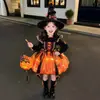 Ropa Infantil de Halloween Niñas Vestido de Princesa Cosplay Bruja Falda de Calabaza Falda Luminosa Atuendo para Fiesta de Cumpleaños de Niñas