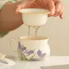 Taza de Cerámica con Flor de Iris Esmaltada Color Beige del Fabricante, Taza de Té, Taza de Separación de Té para Oficina, Taza para Preparar Té de Alto Valor Estético