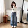 Jeans de Pierna Ancha Bordados de Gato KT de Dibujos Animados para Niñas, Colección Otoño 2026, Cintura Elástica, Pantalones Casuales de Mezclilla Suave para Niños Mayores