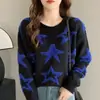 Nuevo Suéter Coreano para Mujer Otoño/Invierno 2026 con Diseño de Pentagrama en Bloques de Color, Jersey Holgado Casual de Cuello Redondo, Prendas de Punto Estilo Perezoso para Mujer
