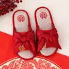 Pantuflas para recién casados Suela de res Par rojo grande festivo Verano Hogar Interior Piso Pareja de bodas Pantuflas de lino Nuevas