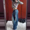 Jeans Lavados Personalizados Estilo Urbano Retro Americano de Tiro Alto con Diseño de Remaches, Pantalones de Pierna Ancha de Moda para Otoño