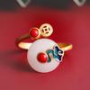Elegante anillo de jade blanco Xiangyun de cloisonné con piedra de pino rojo, estilo retro, azul quemado, estilo nacional chino, anillo de jade Hetian.