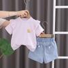 2025 Nuevo Estilo de Verano Moda para Niña Manga de Encaje de Moda Conjunto de Dos Piezas de Manga Corta Moda para Bebé Shorts de Mezclilla Suave y Fina