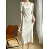 Vestido Largo Casual de Punto para Mujer Primavera/Verano 2026, Delgado, Cuello en U, Color Sólido, Manga Corta, para Viajar, Seda de Hielo, Perlas Rizadas, Manga Corta, Hasta la Rodilla