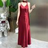 2025 Nuevo Estilo de Verano Vestido de Tirantes con Cuello en V de Satén Sedoso para Mujer Look Adelgazante de Alta Gama Color Puro Falda Larga