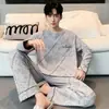 Pijama Masculino 100% Algodão Outono e Inverno 20256 Novo Estilo Masculino Gola Redonda Manga Longa Calça Conjunto Simples para Casa de Inverno