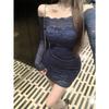 Vestido elegante y elegante de un solo hombro para mujer, otoño e invierno, nuevo, puro, sexy, de encaje, falda ajustada a la cadera.