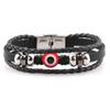 Pulseira de couro de vaca com olhos azuis de peru popular europeia e americana, pulseira de couro de aço inoxidável com olhos de diabo de personalidade masculina