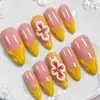 Unhas Vestíveis Flor Rosa e Amarela Estilo Francês Relevo Estéreo 3D 30 Peças Moda Europeia e Americana Unhas Postiças
