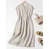Vestido de Verano Nuevo Estilo Rústico Original de Algodón y Lino de Manga Corta para Mujer, Vestido Casual de Color Sólido Retro Artístico de Longitud Media