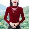 Camisa de Base de Renda e Veludo para Mulheres no Outono e Inverno, Camiseta de Malha Interna Justa de Manga Longa, Top Fashion de Flores Estéreo