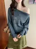 SUSAN Top de Punto Asimétrico de Manga Larga Holgado Estilo Coreano Otoño Estampado de Leopardo Remaches de Estrella Adelgazante para Mujer 6669s