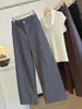 Calça Social de Lã Cinza Slim Straight Feminina Outono Inverno Nova Cintura Alta Emagrecimento Escovado Perna Larga para Trabalho Casual Longa