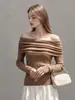 Deslumbrante Top Interno de Manga Longa de Alta Qualidade Camada Base Outono Suéter Cropped Chique Estilo Francês para Mulheres Tomara que Caia 6272