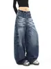 Jeans americano de rua com lavagem, bigodes, perna larga, corte curvo para homens e mulheres, marca de moda de rua, calças versáteis casuais largas tipo foice