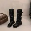 Botas longas estilo retrô para mulheres, nova coleção outono/inverno 2026, de cano alto, estilosas, estilo britânico, de meia-panturrilha e estilo cavaleiro