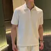 Gola Reversível Manga Curta Shorts Casual Esportivo Verão Masculino Novo Simples Tendência Solto Meio Zíper Conjunto Moda