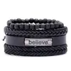 Pulseira Vintage de Couro Tecida à Mão Simples e Criativa Conjunto de Quatro Peças DIY Combinação Acredite Joias Masculinas Atacado