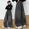 Pantalones de pierna ancha con estampado de leopardo para niñas, nuevo estilo primavera y otoño para niños medianos y grandes, cintura alta, holgados, hasta el suelo, jeans retro americano, pantalones modernos de otoño