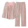 Algodón Puro Pijama de Mujer Nuevo Otoño Cuello Cuadrado Rayas Conjunto Manga Larga Ropa de Casa Larga Informal Conjunto de Dos Piezas