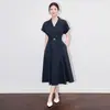 2509907-Vestido Camisa Formal de Alta Calidad para Ocasiones Especiales, Ceñidor de Cintura, Solapa, Estilo Commuter, Sensación Fresca, Falda Larga de Verano para Mujer Nanyou