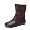 Botas de Couro Bovino de Primeira Camada Agarrado à Mão, Meia-Canela, Bico Redondo, Couro Genuíno Feminino, Sola Plana, Solado Macio, Botas de Couro Femininas, Estilo Outono e Inverno