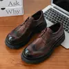 Zapatos de Cuero con Suela Gruesa para Hombre, Derby Británico Negro Formal de Negocios Brogue Punta Redonda Zapatos de Boda para Novio
