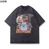 Além-fronteiras atacado puro algodão lavado angustiado estampado camiseta masculina meia manga solta hip hop moda retrô americana