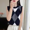 Nuevo suéter de punto 100% lana para mujer de principios de otoño e invierno, chaleco de punto de cuello redondo, sin mangas, bloques de color en forma de diamante, corte holgado, top sin mangas