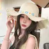 Sombrero de paja con ala ancha y tiras para mujer, estilo coreano, transpirable, para verano, playa, vacaciones, pescador