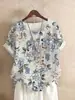 Em Estoque Verão 2026 Nova Roupa Feminina Estampada Retrô Algodão e Linho Camiseta de Manga Curta Camisa para Mulheres
