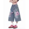 Calça jeans cropped feminina com estampa graffiti retrô americana, novo estilo de verão, modelagem solta, tamanhos grandes, shorts retos de perna larga de 7/8