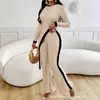 Moda Femenina Transfronteriza Europea y Americana Nueva Primavera y Verano Camiseta de Manga Larga de Color Contrastante con Abertura Lateral + Traje de Pantalones Empalmados
