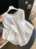Blusa de punto con cuello de encaje tridimensional estilo francés, hombros descubiertos, manga larga, top fino y holgado para el verano, protección solar, color rosa nude.