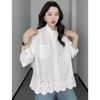 Camisa Branca Patchwork de Renda para Mulheres, Estilo Novo da Primavera 2025, Solta Casual Emagrecedora para Camada Interna, Versátil