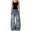 Jeans retro americanos lavados y rotos para hombre y mujer, marca de moda de verano, diseño holgado, pantalones rectos casuales versátiles