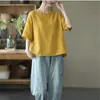 2026 Novo Estilo Artístico Simples Casual Manga Curta Camiseta para Mulheres Verão Solta e Versátil Cor Pura Casual Pulôver Top para Mulheres