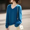 Suéter de Tricô Longo Sem Costura Macio e Ceroso de Lã Cashmere de Alta Qualidade com Decote V Estilo Preguiçoso para Mulheres no Outono e Inverno