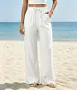 2026 Amazon Calça de Linho Casual de Cintura Alta com Cordão e Bolso Lateral de Perna Larga Calça de Perna Larga Fluida para Praia Elástica