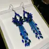 Brincos de Franja Flor de Strass Azul Europeus e Americanos Transfronteiriços Agulha de Prata, Brincos de Tarraxa Modernos e Requintados, Brincos de Luxo Leve de Alta Qualidade para Mulheres