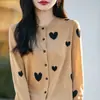 Cárdigan de Punto de Lana Peinada Retro Cuello Redondo 2026 Nuevo Estilo Primavera y Verano Combinación de Colores Corazón Top Holgado Chaqueta para Mujer