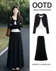 Traje Casual para Mujer Top Falso de Dos Piezas Camiseta de Manga Larga Falda Negra Delgada Estilo Coreano Chic Elegante Conjunto de Dos Piezas