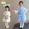 Conjunto de vestido com lantejoulas e laço estilo coreano para meninas, nova moda primavera e outono 2026, roupa infantil para meninas pequenas