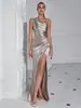 Vestido de festa de noite, sexy, com pregas, elegante, moda europeia e americana, de alta qualidade, de um ombro só, estilo deusa, justo ao corpo, com fenda