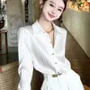Camisa de manga larga para mujer, primavera y otoño, estilo francés, diseño de alta gama, nicho, satén de seda de triacetato, top de camisa casual a rayas