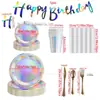 Pratos de Papel Descartáveis com Laser Festa Arco-Íris Suprimentos de Feriado Copos de Papel Dupla Camada 350g com Faixa Integrada Utensílios de Mesa para Bolo