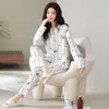 Pijama de cárdigan de algodón puro para mujer con copas en el pecho, nuevo estilo de primavera, se puede usar afuera, top casual de manga larga y pantalones largos, conjunto de ropa para el hogar para mujer